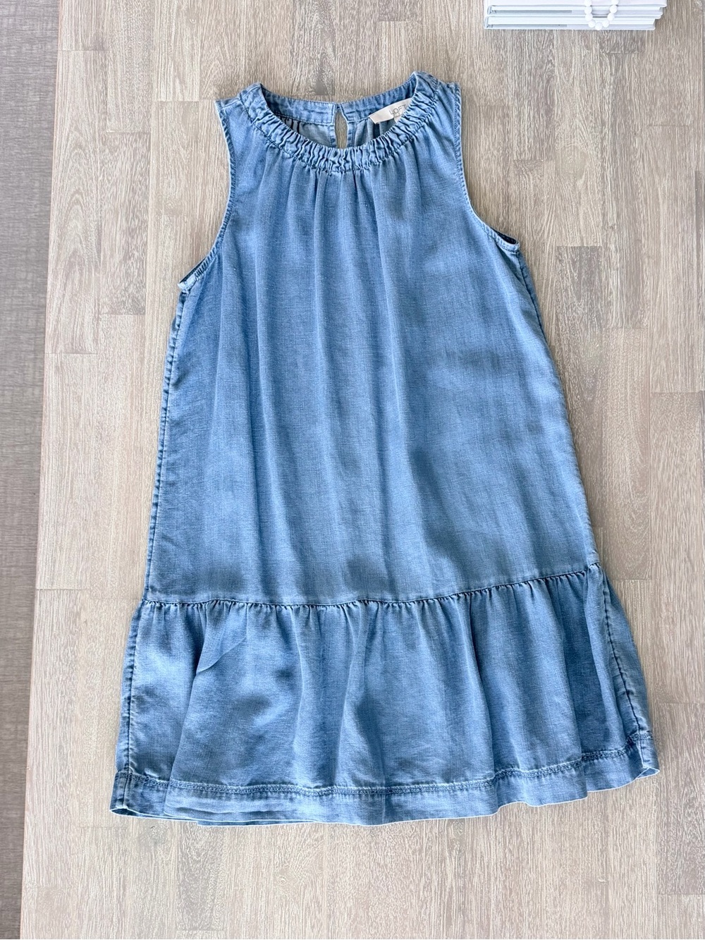 LOFT Petite Chambray Sleeveless Shift Dress | Small Petite | Blue Ruffle Hem - Picture 2 of 7